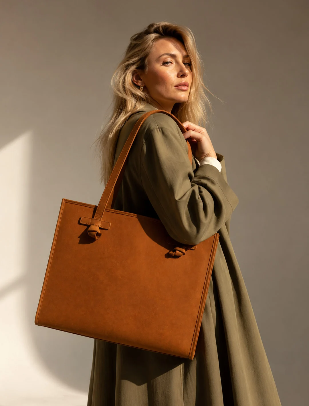 Knot Suede Tote, carried