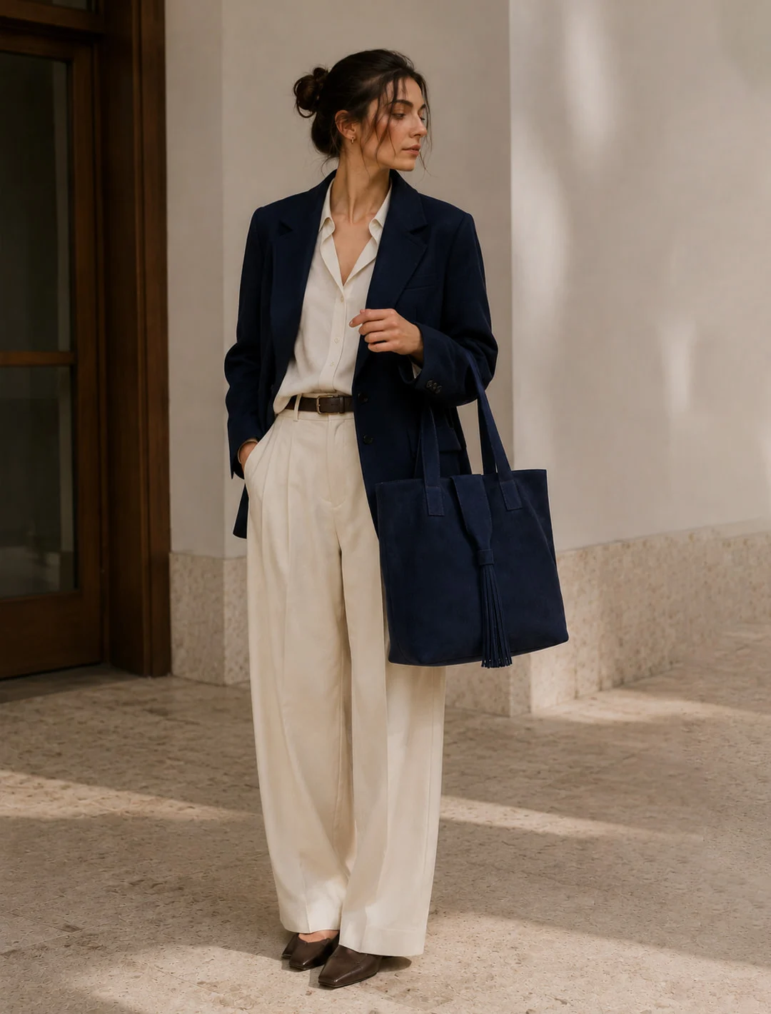 Tassel Suede Tote, carried